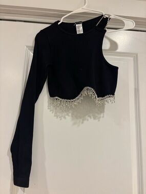 Zara Black One-Shoulder Crystal Fringe Crop Top